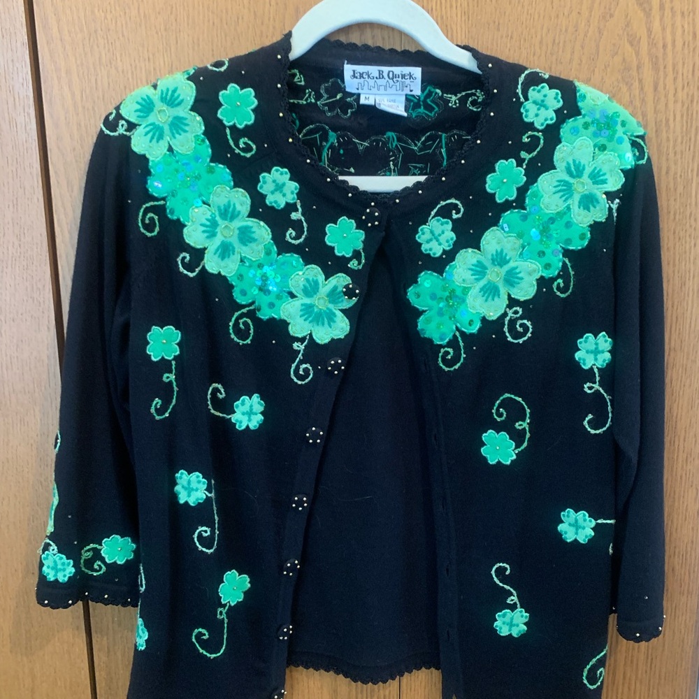 Black Cardigan with Green Shamrock Appliqués